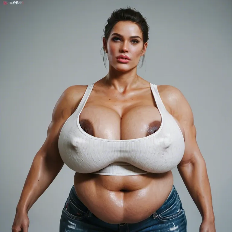 solo female, alyx vance half-life 2, hyper lips, gigantic lips, sagging breasts, cleavage, white tank top, skinny jeans, dark nipples, nipple slip, green eyes, obese, fat rolls, fat stomach