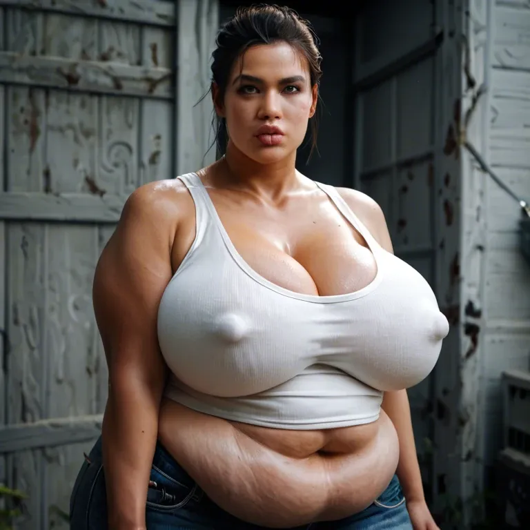 solo female, Chinese alyx vance half-life 2, hyper lips, gigantic lips, cleavage, white tank top, skinny jeans, covered hyper nipples, obese, overweight, weight gain, fat rolls, fat stomach, fat thighs, tan, pink lipstick, thick pink eyeshadow