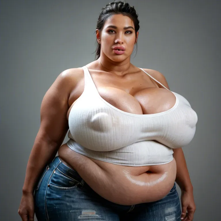 solo female, Chinese alyx vance half-life 2, hyper lips, gigantic lips, cleavage, white tank top, skinny jeans, covered hyper nipples, obese, overweight, weight gain, fat rolls, fat stomach, fat thighs, tan, pink lipstick, thick pink eyeshadow