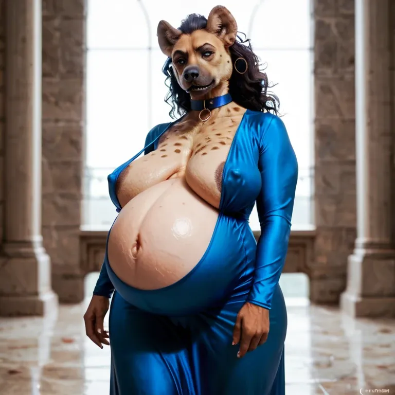 kamala harris as furry hyena, wavy long bown hair, huge sagging boobs, huge covered nipples, thick fat cameltoe, blue long sleeve collar dress, super pregnant