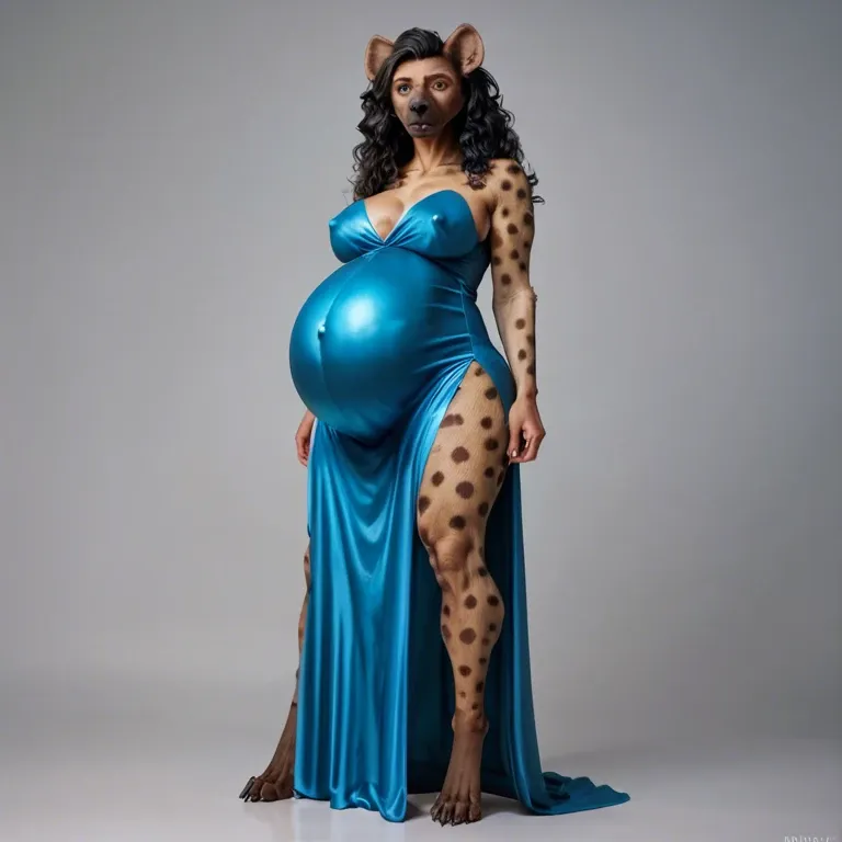 kamala harris as furry hyena, wavy long bown hair, huge sagging boobs, huge covered nipples, thick fat cameltoe , blue presidential dress, extreme pregnant