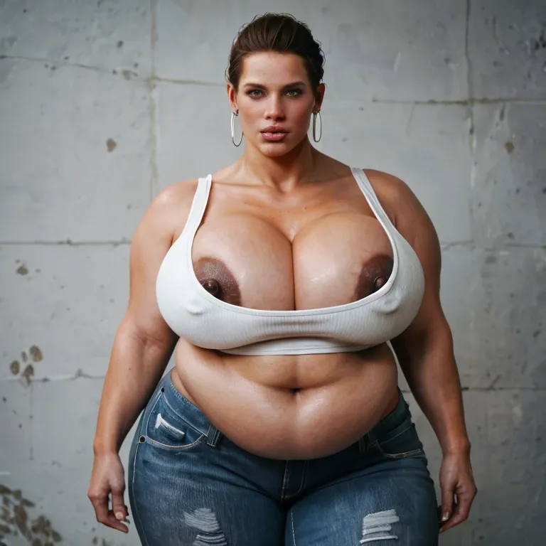 solo female, alyx vance half-life 2, hyper lips, gigantic lips, cleavage, white tank top, skinny jeans, dark nipples, nipple slip, green eyes, obese, fat rolls, fat stomach