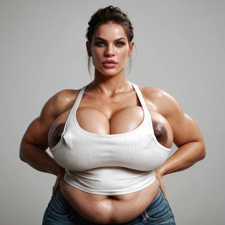 solo female, alyx vance half-life 2, hyper lips, gigantic lips, cleavage, white tank top, skinny jeans, dark nipples, nipple slip, green eyes, obese, fat rolls, fat stomach