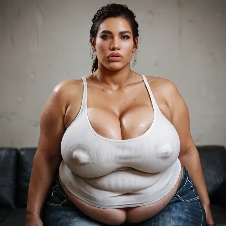 solo female, Chinese alyx vance half-life 2, hyper lips, gigantic lips, cleavage, white tank top, skinny jeans, covered hyper nipples, obese, overweight, weight gain, fat rolls, fat stomach, fat thighs, tan, pink lipstick, thick pink eyeshadow