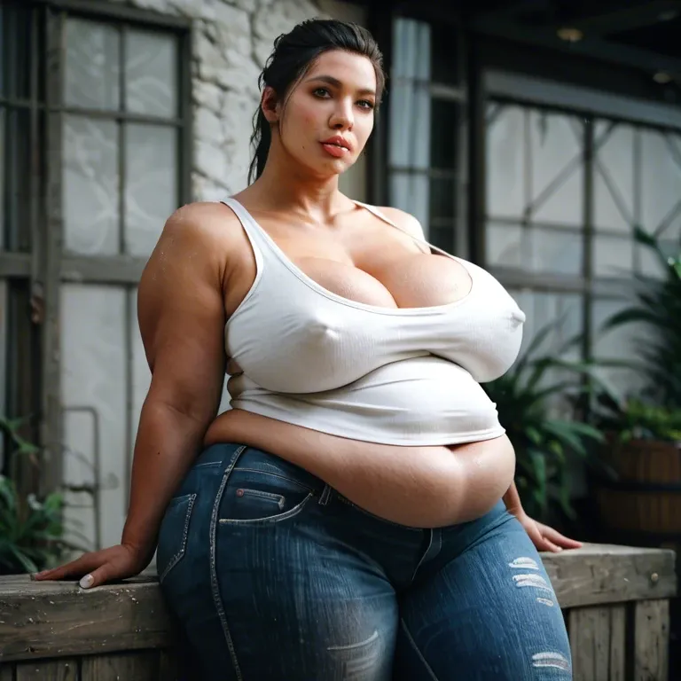 solo female, Chinese alyx vance half-life 2, hyper lips, gigantic lips, cleavage, white tank top, skinny jeans, covered hyper nipples, obese, overweight, weight gain, fat rolls, fat stomach, fat thighs, tan, pink lipstick, thick pink eyeshadow