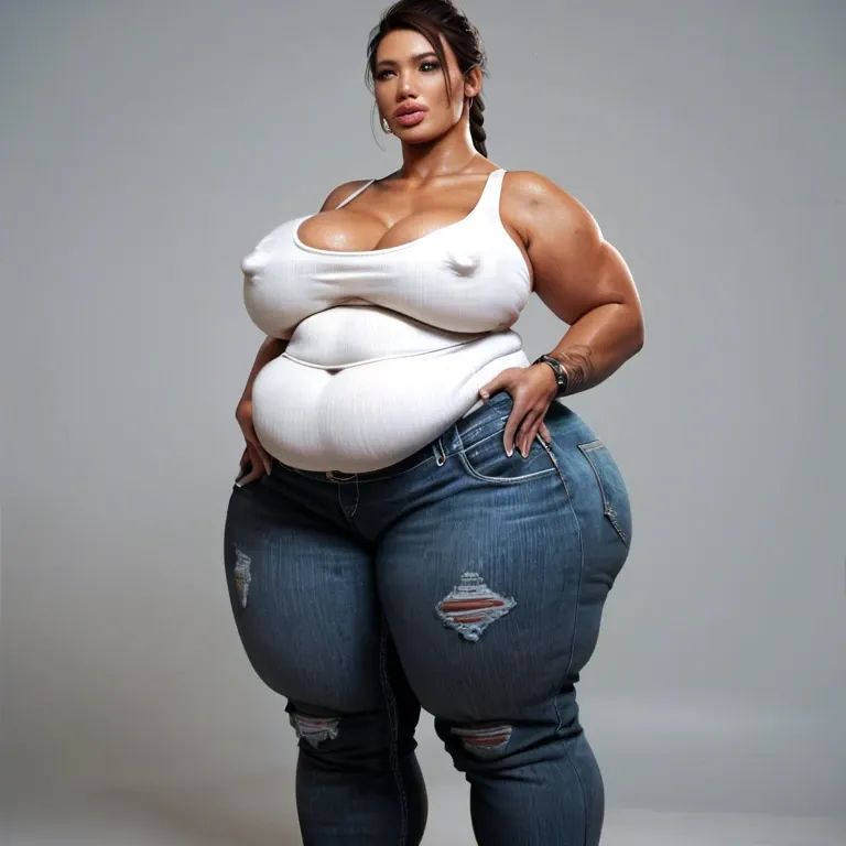 solo female, Chinese alyx vance half-life 2, hyper lips, gigantic lips, cleavage, white tank top, skinny jeans, covered hyper nipples, obese, overweight, weight gain, fat rolls, fat stomach, fat thighs, tan, pink lipstick, thick pink eyeshadow