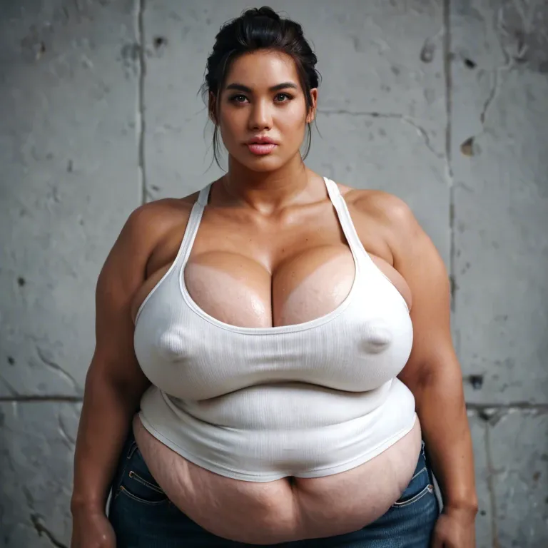 solo female, Chinese alyx vance half-life 2, hyper lips, gigantic lips, cleavage, white tank top, skinny jeans, covered hyper nipples, obese, overweight, weight gain, fat rolls, fat stomach, fat thighs, tan, pink lipstick, thick pink eyeshadow