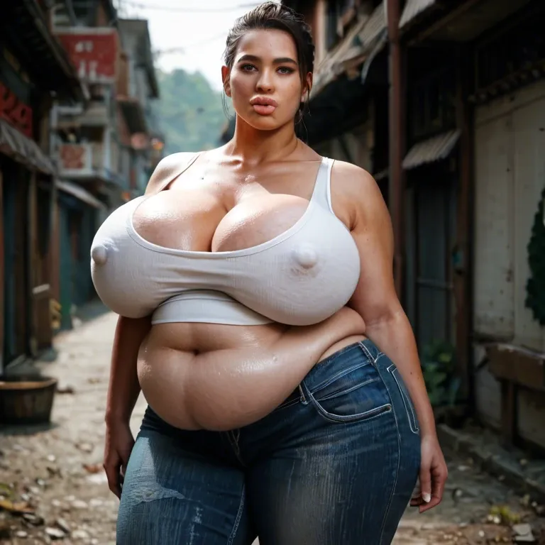 solo female, Chinese alyx vance half-life 2, hyper lips, gigantic lips, cleavage, white tank top, skinny jeans, covered hyper nipples, obese, overweight, weight gain, fat rolls, fat stomach, fat thighs, tan, pink lipstick, thick pink eyeshadow