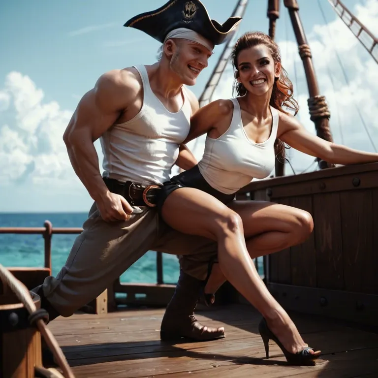 1girl,1boy, , , , detailed eyes,hand,big boobs,pirate ship,white tank top, clenched_teeth,on tiptoe,perky breast,on her back,limited palette, cheek bulge,correct hands,lips on nipple,fake boobs,thin knees, skirt,red stockings,rings,lace panties,armored boots, blue jacket,fishnet thighs,belt,black corset,knee boots, trained, tavern, lara croft, jasmine, rei