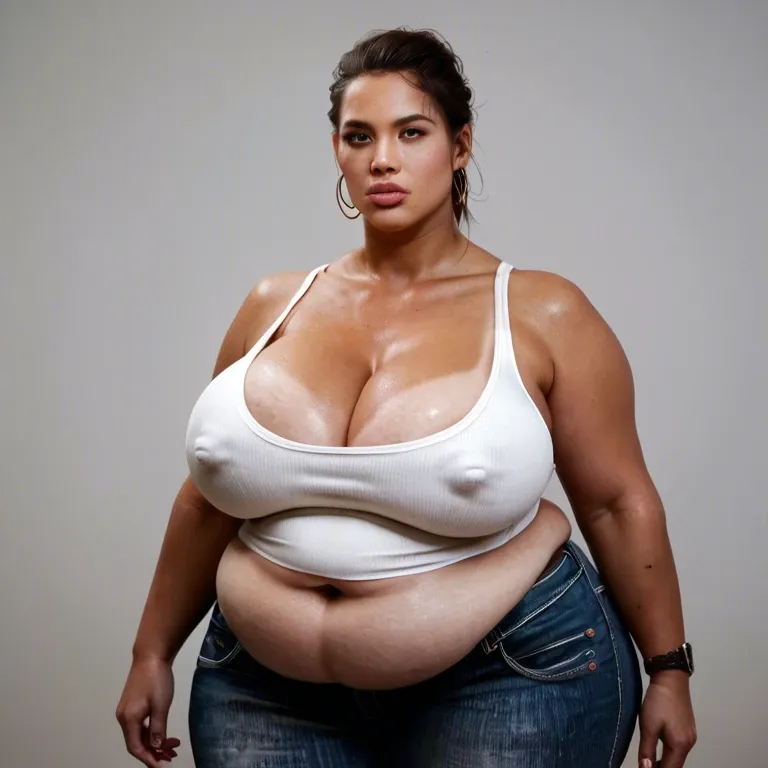 solo female, Chinese alyx vance half-life 2, hyper lips, gigantic lips, cleavage, white tank top, skinny jeans, covered hyper nipples, obese, overweight, weight gain, fat rolls, fat stomach, fat thighs, tan, pink lipstick, thick pink eyeshadow