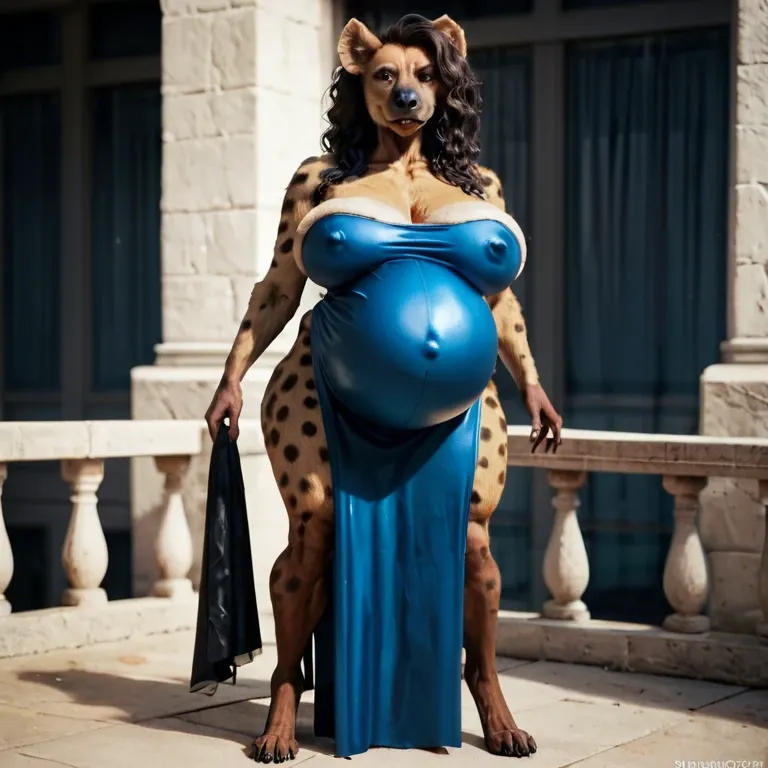 kamala harris as furry hyena, wavy long bown hair, huge sagging boobs, huge covered nipples, thick fat cameltoe, dark blue ceo dress, super pregnant