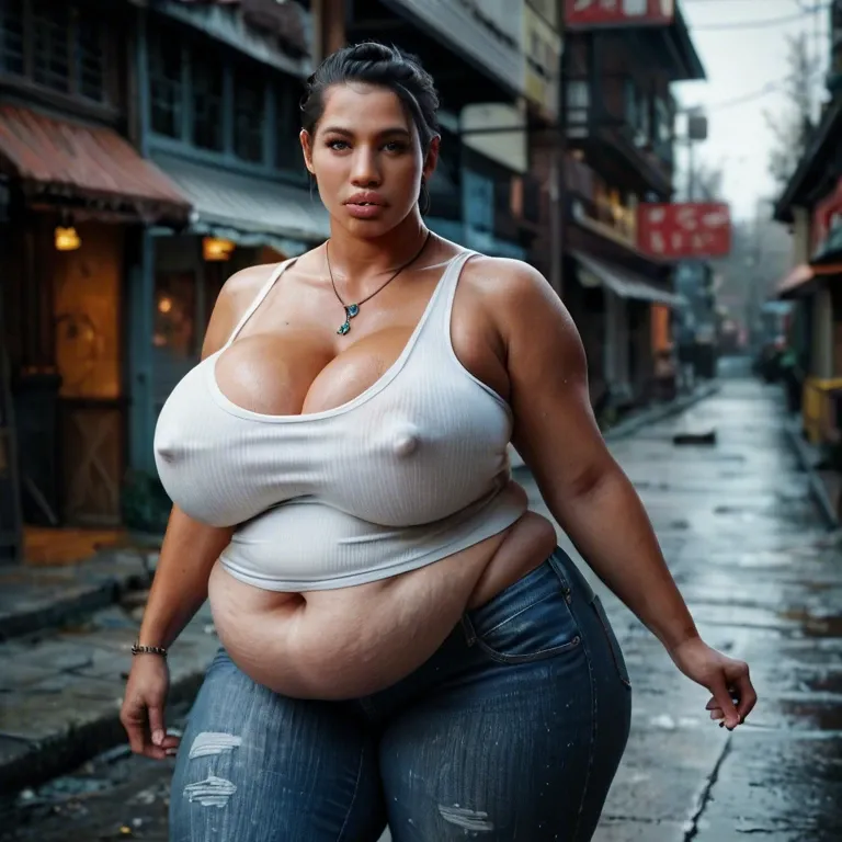 solo female, Chinese alyx vance half-life 2, hyper lips, gigantic lips, cleavage, white tank top, skinny jeans, covered hyper nipples, obese, overweight, weight gain, fat rolls, fat stomach, fat thighs, tan, pink lipstick, thick pink eyeshadow