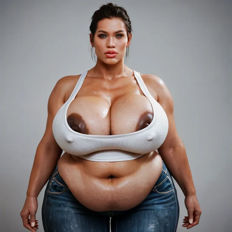 solo female, Chinese alyx vance, half-life 2, hyper lips, gigantic lips, sagging breasts, cleavage, white tank top, skinny jeans, dark nipples, nipple slip, green eyes, obese, fat rolls, fat stomach