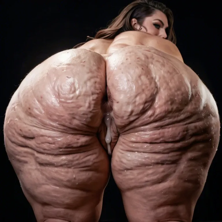 All four ass view, looking back, looking at viewer, Cellulite ass, curvy body, brunette, black background, huge creampie, open legs, hairy pussy, Photorealistic, wide hips, thick thighs, overgrown thighs, outgrown thighs, thin legs, naked, huge ass, fat ass, whole body