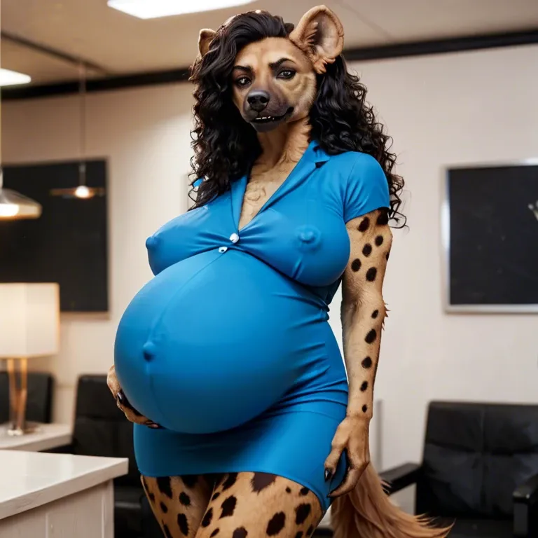 kamala harris as furry hyena, wavy long bown hair, huge sagging boobs, huge covered nipples, thick fat cameltoe , blue secretary dress, extreme pregnant