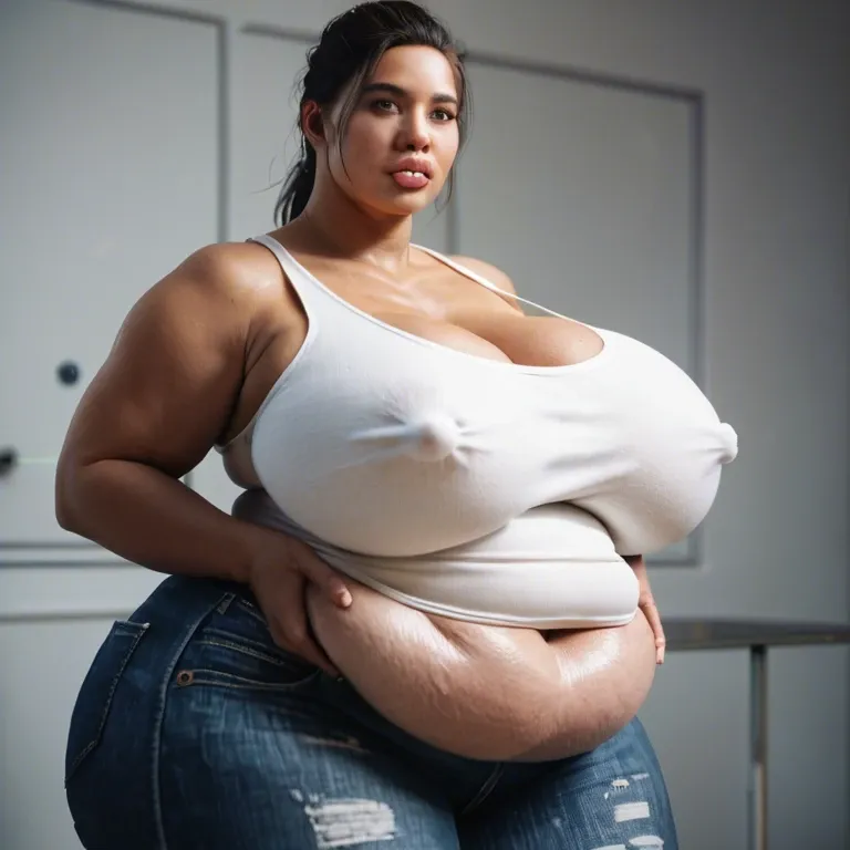 solo female, Chinese alyx vance half-life 2, hyper lips, gigantic lips, cleavage, white tank top, skinny jeans, covered hyper nipples, obese, overweight, weight gain, fat rolls, fat stomach, fat thighs, tan, pink lipstick, thick pink eyeshadow