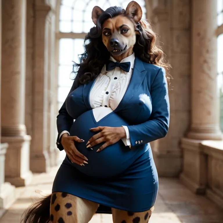 kamala harris as furry hyena, wavy long bown hair, huge sagging boobs, huge covered nipples, thick fat cameltoe, blue long sleeve tuxedo dress, skirt, super pregnant