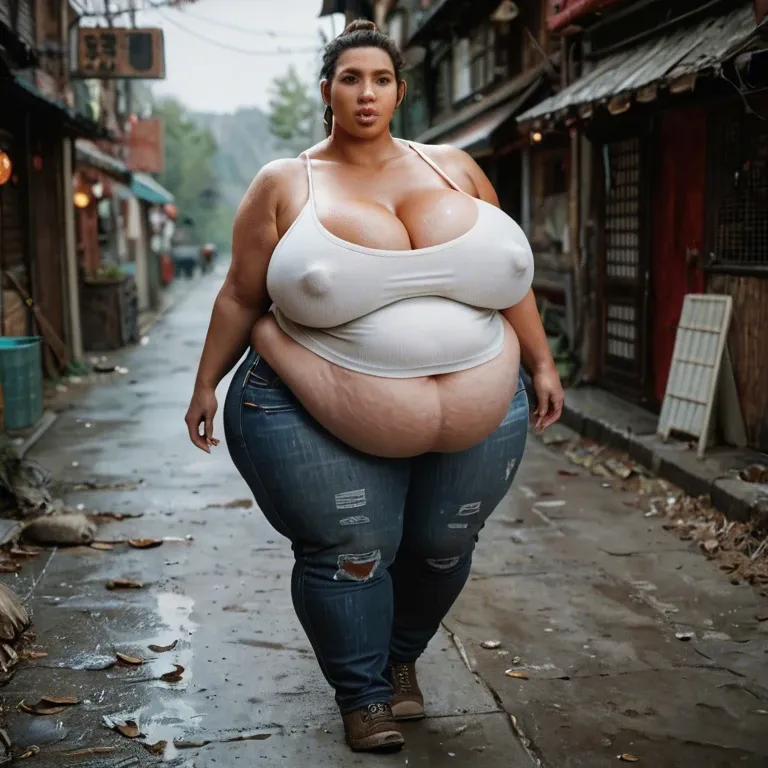 solo female, Chinese alyx vance half-life 2, hyper lips, gigantic lips, cleavage, white tank top, skinny jeans, covered hyper nipples, obese, overweight, weight gain, fat rolls, fat stomach, fat thighs, tan, pink lipstick, thick pink eyeshadow