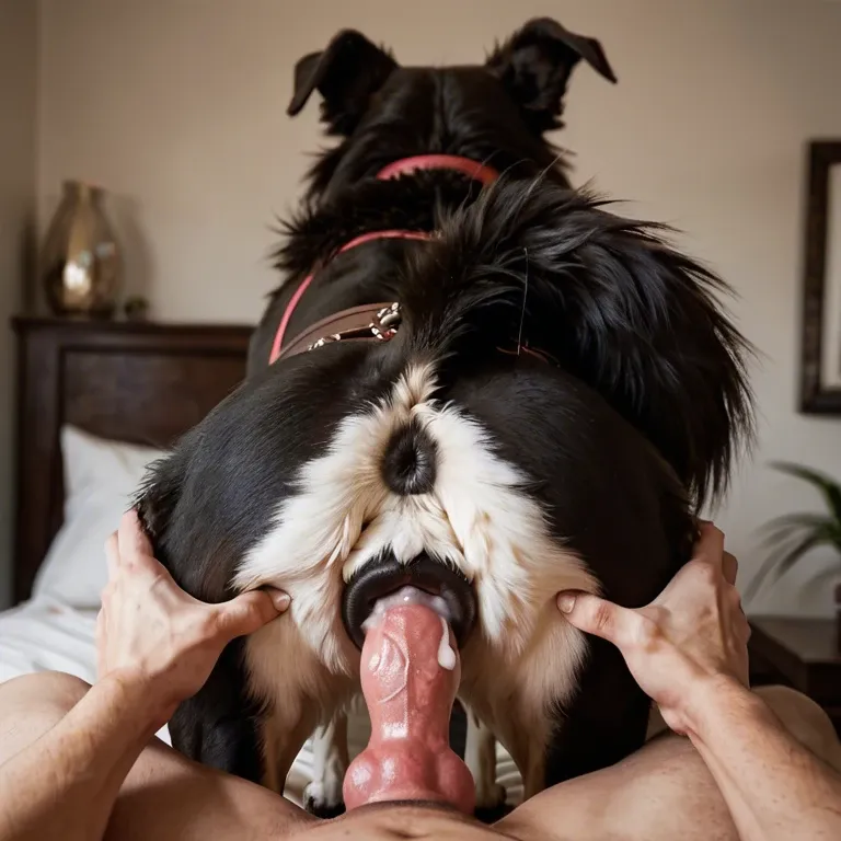 Feral border collie, vaginal penetration, cum drip, view from back, tail grab, canine pussy, canine vagina, erect penis, human penis,