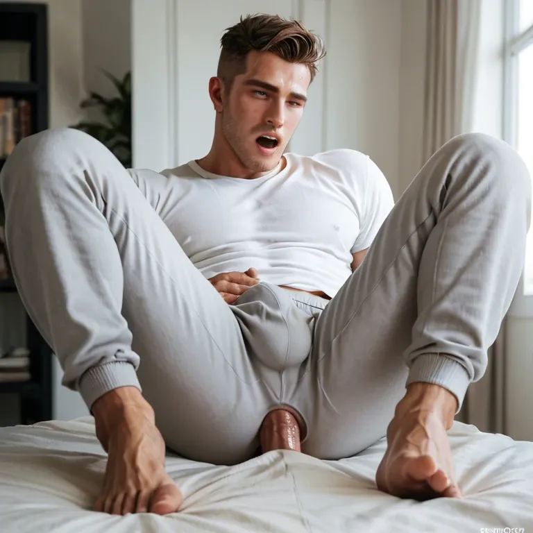 Anal gay porn, feet, grey sweatpants, white shirt,  model , orgasm