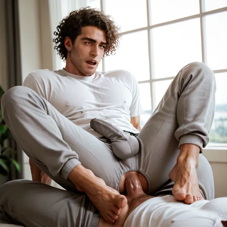 Anal gay porn, feet, grey sweatpants, white shirt, curly hair, orgasm