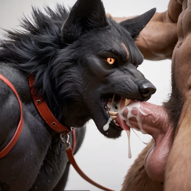 Furry only, anthro, two males, gay, Werewolves, Black fur, big penis, blowjob, cumshot, tounge out open mouth, cum in mouth, leash pull,