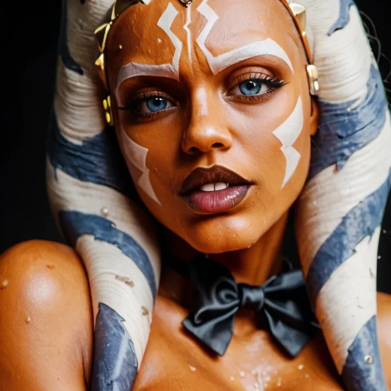 ahsoka Tano wearing a black bowtie, naked everywhere else, extreme close-up