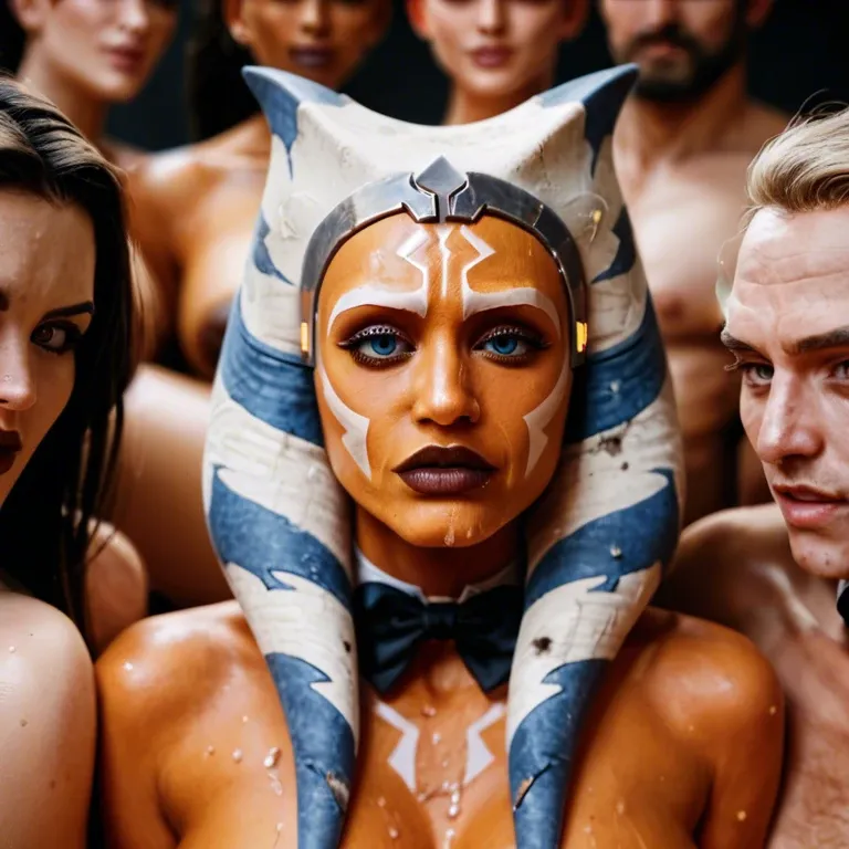 ahsoka Tano wearing a black bowtie, naked everywhere else, extreme close-up