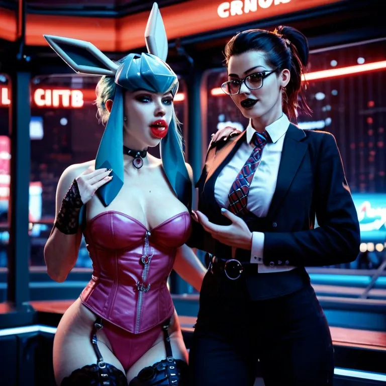 2girl, , , , nose ring,correct hands,firm breasts,wide hip,tanya, shirt up,glaceon,tie clip,pink corset,gothic boots, night club, city background, spaceship, red ball gag, lara croft, jasmine, rapunzel waifu