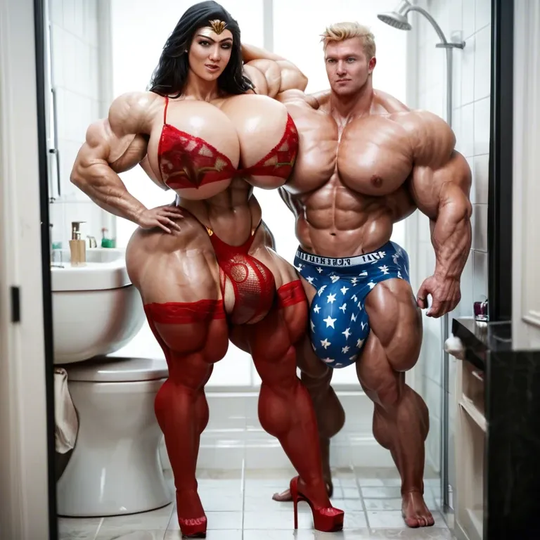 Wonder woman, bimbo, hyper massive muscles female, massive muscles Buffet, hyper gigantic massive muscles mass, hyper gigantic muscles, pectorales, pecs, red lingerie Print Stockings, bathroom, futa bigger long cock bulge