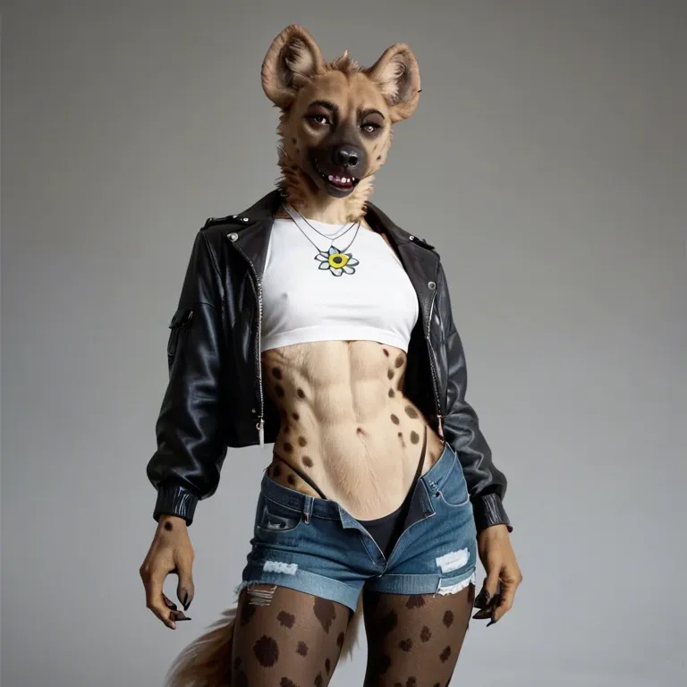 Anthro furry Femboy hyena wearing thong in daisy_dukes unzipped and cock sticking out with crop_top and jacket with leggings and paws