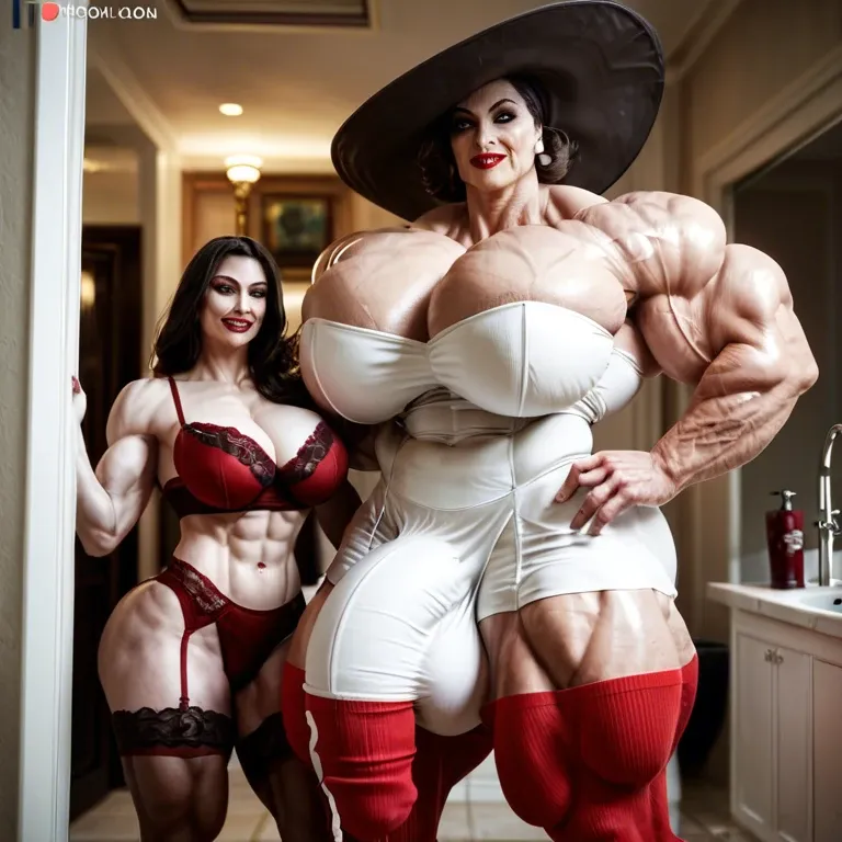 alcina dimitrescu, hyper massive muscles female, massive muscles Buffet, hyper gigantic massive muscles mass, hyper gigantic muscles, pectorales, pecs, red lingerie Print Stockings, bathroom, futa bigger long cock bulge