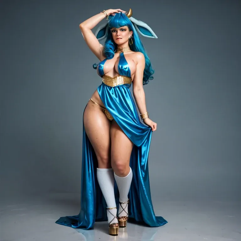 1girl,solo, , , , freckled,arm up,nipple peak,round hips,gold anklets, cow costume,baggy socks,gold earrings,hand on panties,heels, blue dress,glaceon,frilled gloves,corset piercing,black boots, white tank top,anklets,feet tied,panties aside,knee boots, on the beach, cyberpunk, detailed photo, bright light, girl lara croft, ariel waifu, dynamic