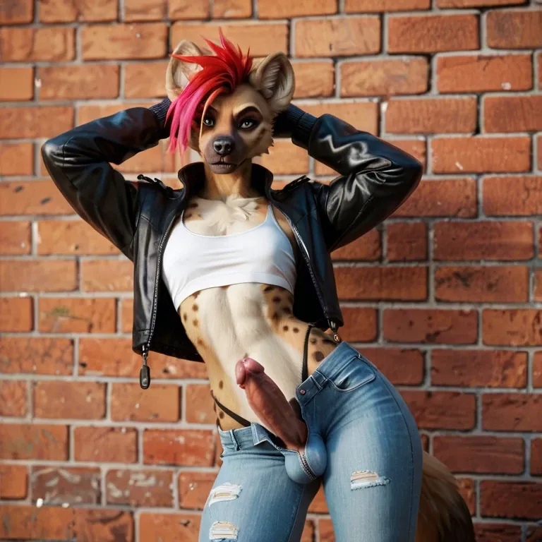 Anthro furry Femboy hyena with pikie_cut hair wearing thong in daisy_dukes unzipped with cock and balls out with crop_top and jacket with leggings and paws in ally leaning on brick wall