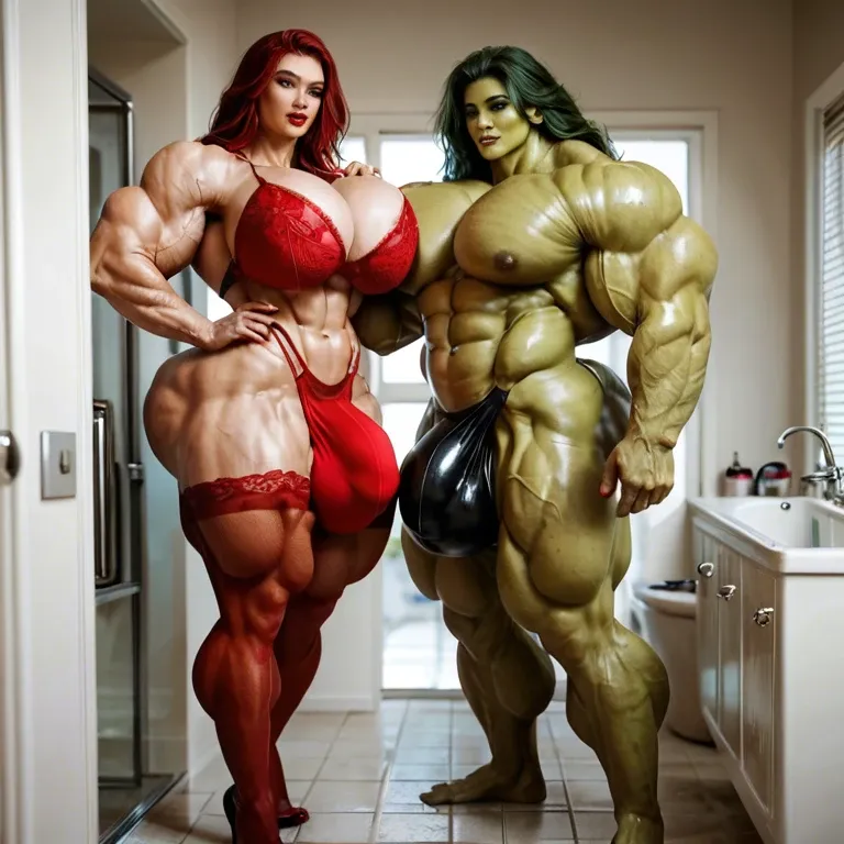 She hulk, bimbo, hyper massive muscles female, massive muscles Buffet, hyper gigantic massive muscles mass, hyper gigantic muscles, pectorales, pecs, red lingerie Print Stockings, bathroom, futa bigger long cock bulge