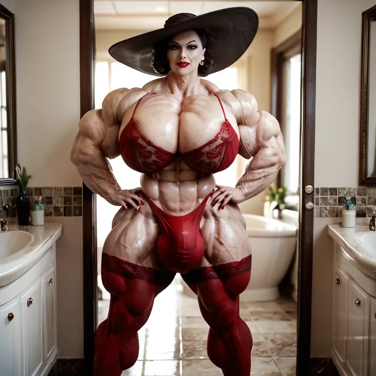 alcina dimitrescu, hyper massive muscles female, massive muscles Buffet, hyper gigantic massive muscles mass, hyper gigantic muscles, pectorales, red lingerie Print Stockings, bathroom, futa bigger long cock bulge