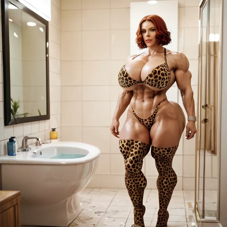 Scarlett Johansson black widow , hyper massive muscles female,  pectorales, Leopard Print Stockings, bathroom