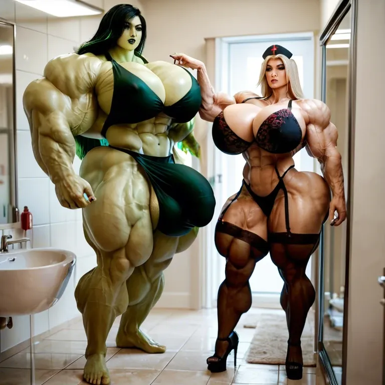 Shego, bimbo, hyper massive muscles female, massive muscles buff, hyper gigantic massive muscles mass, hyper gigantic muscles Body, pectorales, pecs, nurse lingerie Print Stockings, bathroom, futa bigger long cock bulge