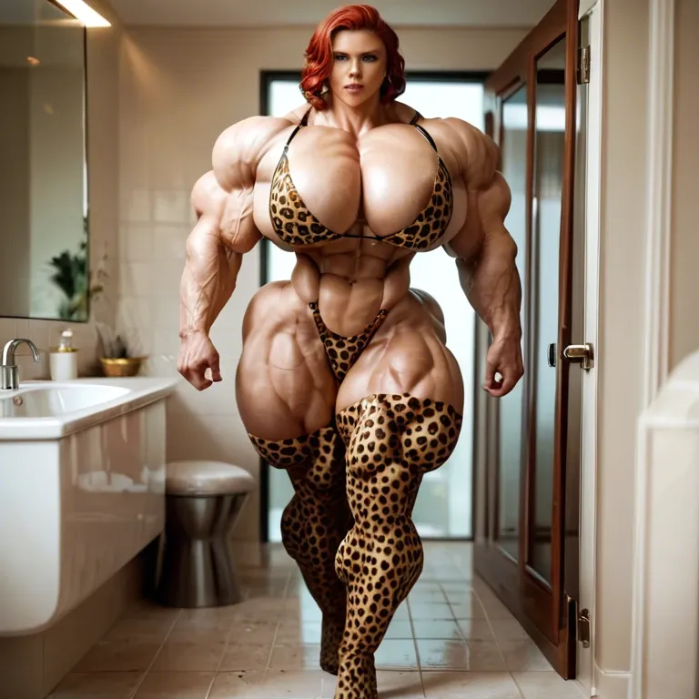 Scarlett Johansson black widow , hyper massive muscles female,  hyper gigantic muscles buff,  hyper gigant muscles mass, hyper giant muscles body, pectorales,pecs, Leopard Print Stockings, bathroom