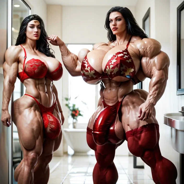 Wonder woman, bimbo, hyper massive muscles female, massive muscles Buffet, hyper gigantic massive muscles mass, hyper gigantic muscles, pectorales, pecs, red lingerie Print Stockings, bathroom, futa bigger long cock bulge