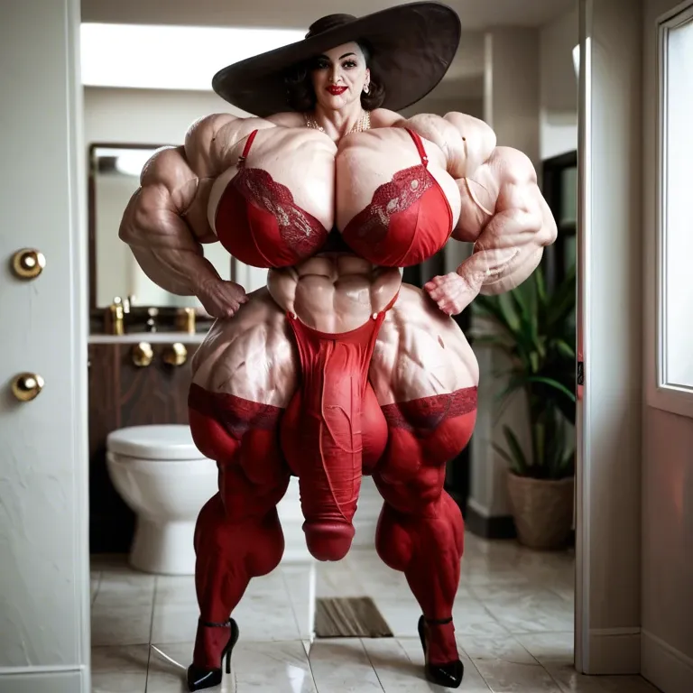 alcina dimitrescu, hyper massive muscles female, massive muscles Buffet, hyper gigantic massive muscles mass, hyper gigantic muscles, pectorales, red lingerie Print Stockings, bathroom, futa bigger long cock bulge