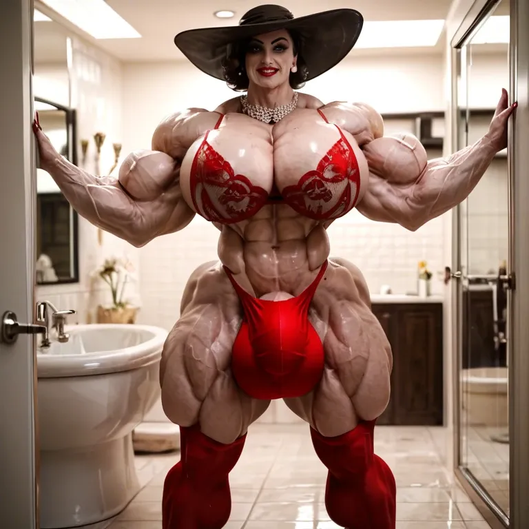 alcina dimitrescu, hyper massive muscles female, massive muscles Buffet, hyper gigantic massive muscles mass, hyper gigantic muscles, pectorales, red lingerie Print Stockings, bathroom, futa bigger long cock bulge