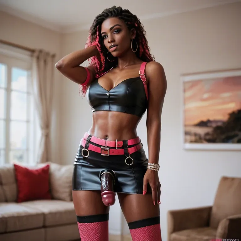 Solo African American, thick bodied woman with blue eyes, wearing strap-on and stroking big pink strap-on wearing red leather straps with mini skirt and stockings (strap-on) (pink strap-on)