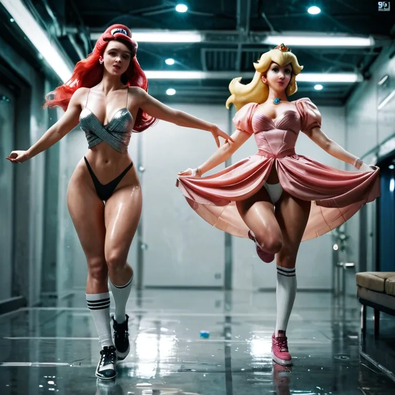 2girl, , , , eye lighting,shine,big boobs,grabbing,knee socks, silk gown,baggy socks,headband,thong,running shoes, gymnast, water sparkles, cyberpunk, beds, princess peach, ariel waifu