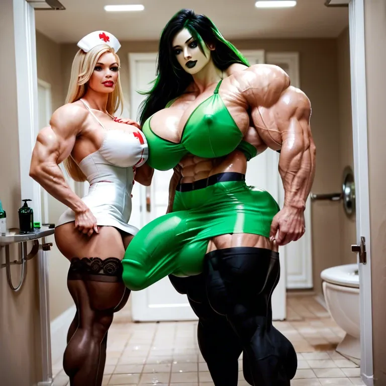 Shego, bimbo, hyper massive muscles female, massive muscles Buffet, hyper gigantic massive muscles mass, hyper gigantic muscles Body, pectorales, pecs, nurse lingerie Print Stockings, bathroom, futa bigger long cock bulge