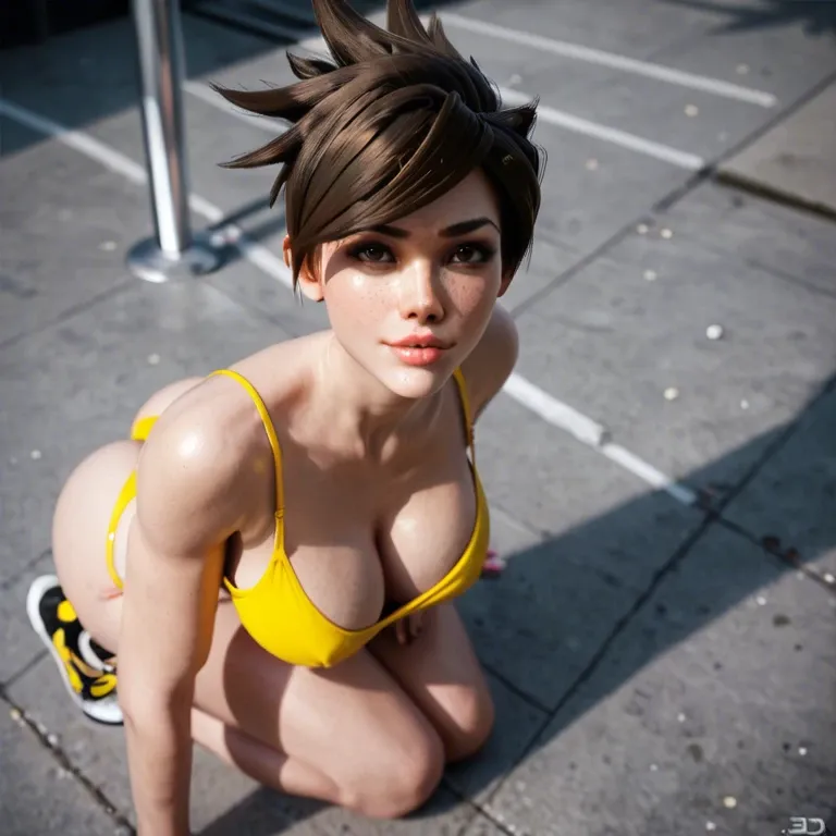 Sneakers, Bimbo cleavage TRACER,((Realism 3d Anime)),(yellow bikini), (topless nude breast),(from above), front view,  flirting look, (head focus), ass nude, closeup  (topless), (ROUND bimbo boobs focus), (standing), brown hair,(from_above),(presenting bimbo breast),  full pale skin, tracer, Bimbo large tits, pov, solo, grey background, ((pale skinned tracer)), ((CLEAVAGE FAKE TITS)), naval, bubble butt, (bimbo tracer), big ass bubble butt, (breast_awe), front view, (top of head), face presenting, full body view, front view, ((topless)), feet