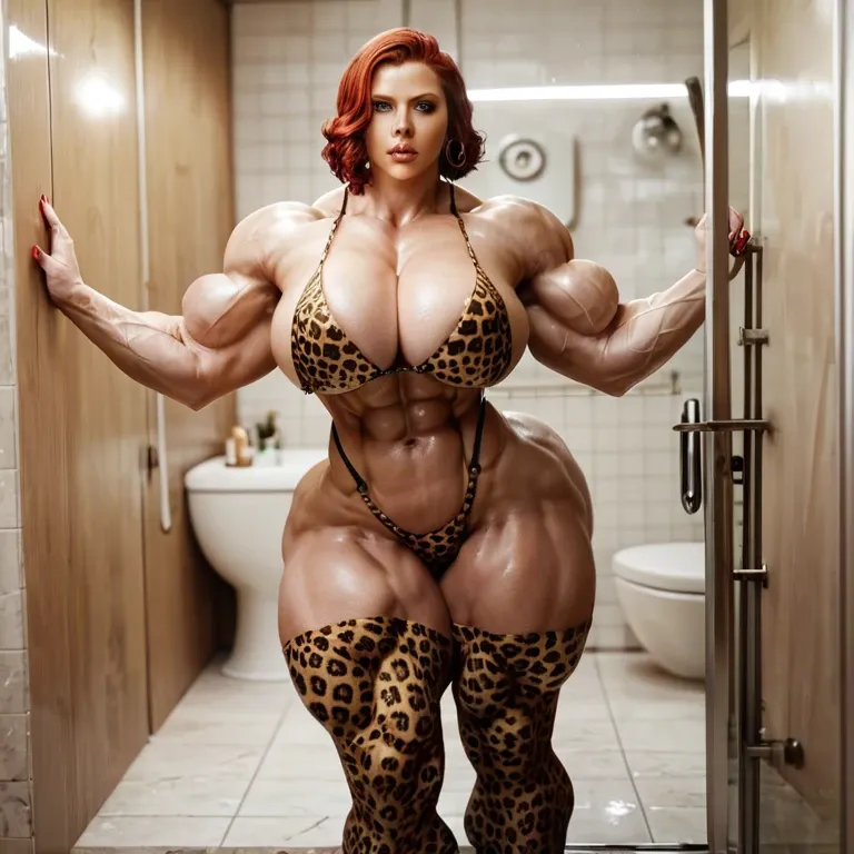 Scarlett Johansson black widow , hyper massive muscles female,  hyper gigantic muscles buff, pectorales female, gaped body, Leopard Print Stockings, bathroom