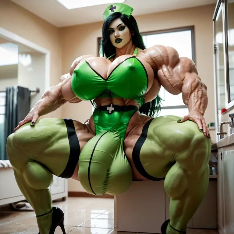 Shego, bimbo, hyper massive muscles female, massive muscles Buffet, hyper gigantic massive muscles mass, hyper gigantic muscles, pectorales, pecs, nurse lingerie Print Stockings, bathroom, futa bigger long cock bulge