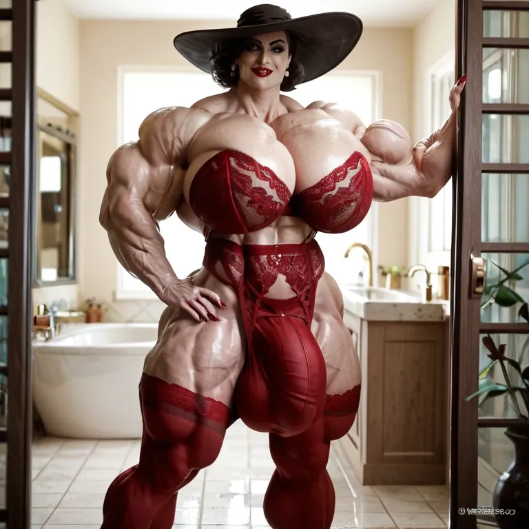 alcina dimitrescu, hyper massive muscles female, massive muscles Buffet, hyper gigantic massive muscles mass, hyper gigantic muscles, pectorales, red lingerie Print Stockings, bathroom, futa bigger long cock bulge