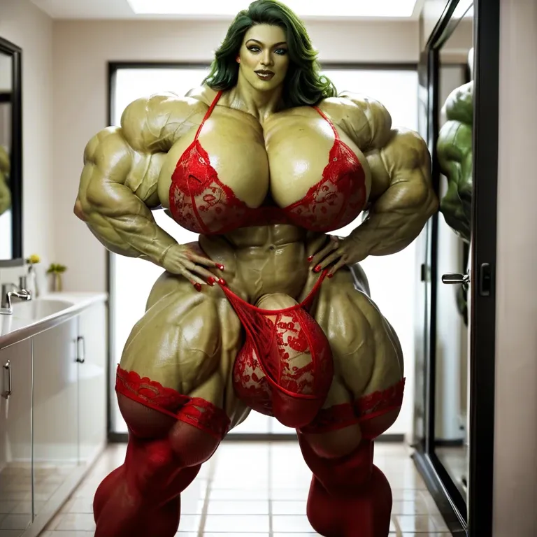 She hulk, hyper massive muscles female, massive muscles Buffet, hyper gigantic massive muscles mass, hyper gigantic muscles, pectorales, pecs, red lingerie Print Stockings, bathroom, futa bigger long cock bulge